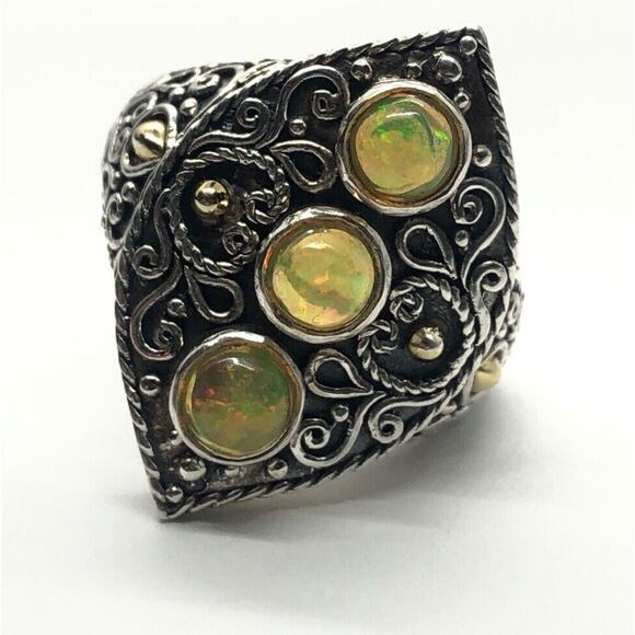 18k Gold and Sterling Silver Ring 925 Size 9.5 Bali Opal Scroll M ID signed - Picture 6 of 9